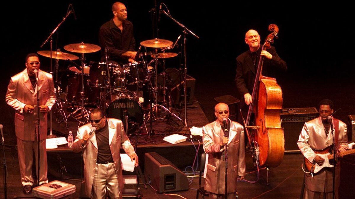 Blind Boys of Alabama founding members Clarence Fountain, front left, and Jimmy Carter, center, during a 2002 performance at UCLA.