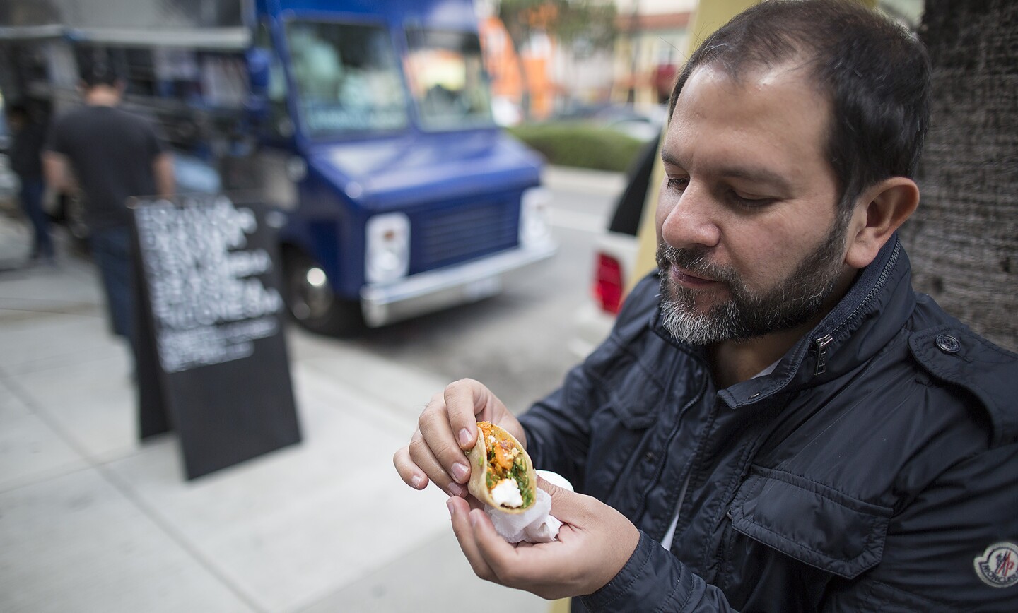 Enrique Olvera, the chef known for Pujol in Mexico City, samples some of L.A. best tacos during a visit here. He likes the cultural crossover that is taking place inside the city's tortillas: bulgogi tacos, pastrami tacos and so on. "Here you find people from everywhere with many different interests," he says. "In a way, Los Angeles is like a spice route now — a lot of people from many places."