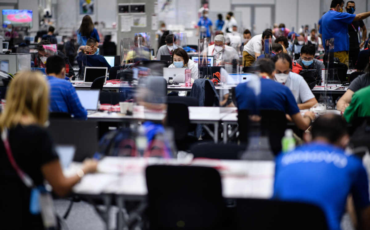 Journalists work in the main press center ahead of the Tokyo Olympics on Thursday.