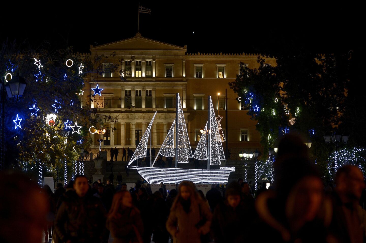 Christmas decorations in Syntagma square, outside the parliament, sport a nautical bent.