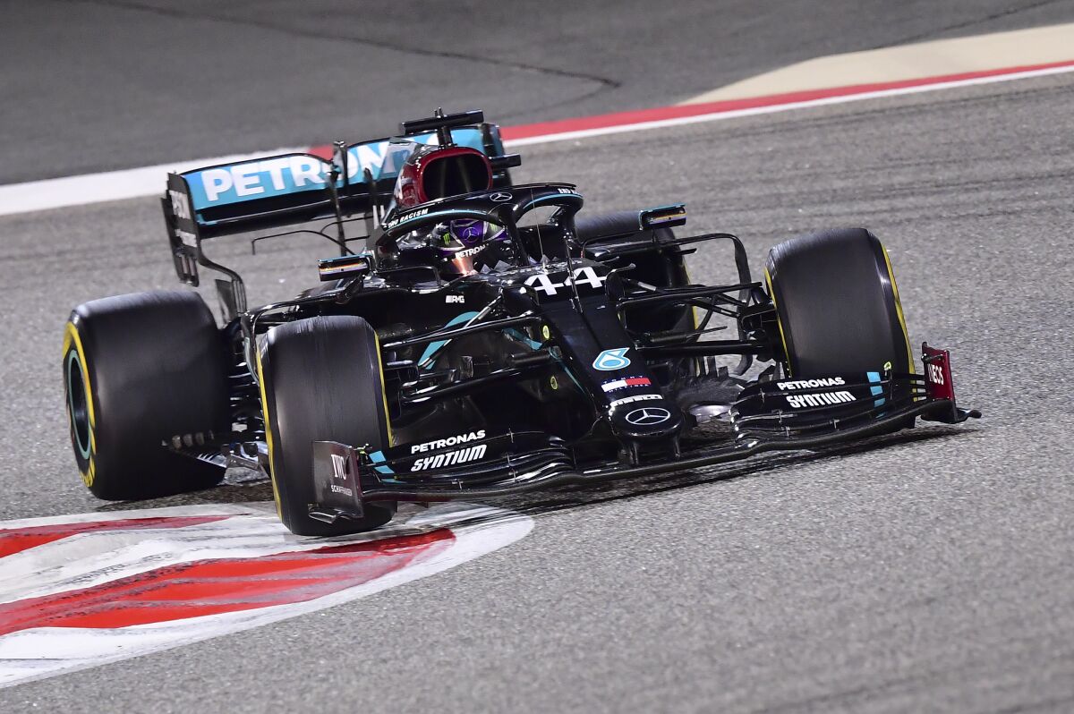 Lewis Hamilton leads during the Formula One Bahrain Grand Prix.