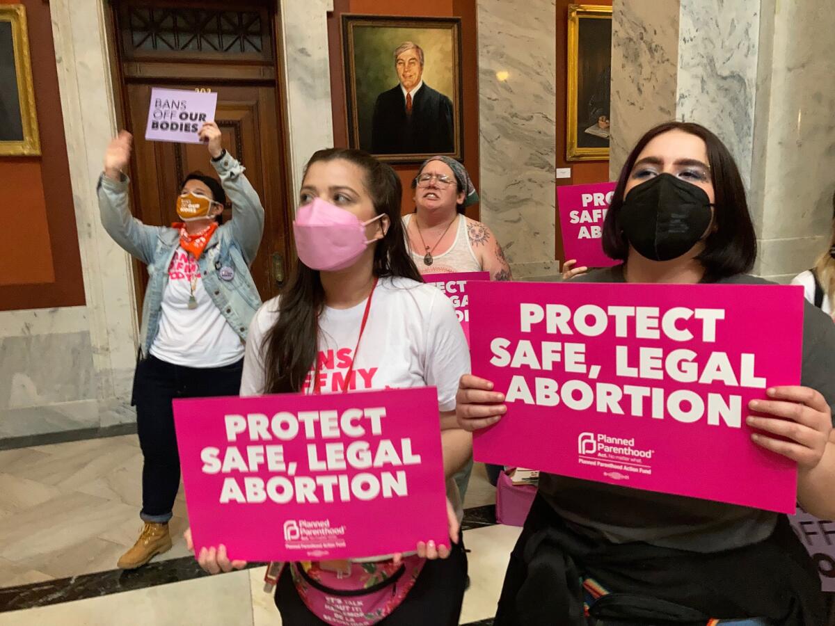 Demonstrators hold signs reading "Protect Safe, Legal Abortion."