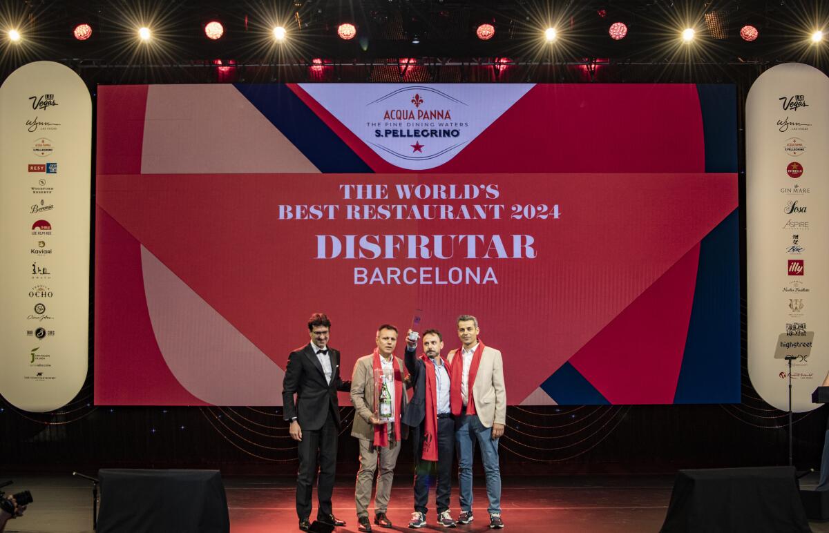 Chefs from Disfrutar in Barcelona accept the top award at the World's 50 Best Restaurants awards ceremony in Las Vegas.