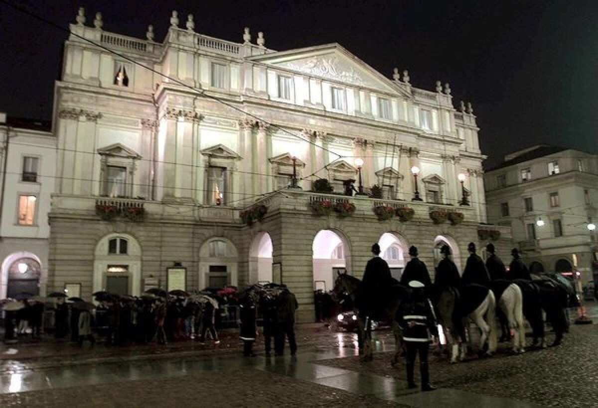 An exterior view of La Scala opera house in Milan, Italy. The opening night of the theater's ballet season was called off following a dispute with choristers in a production of Berlioz's "Romeo and Juliet."