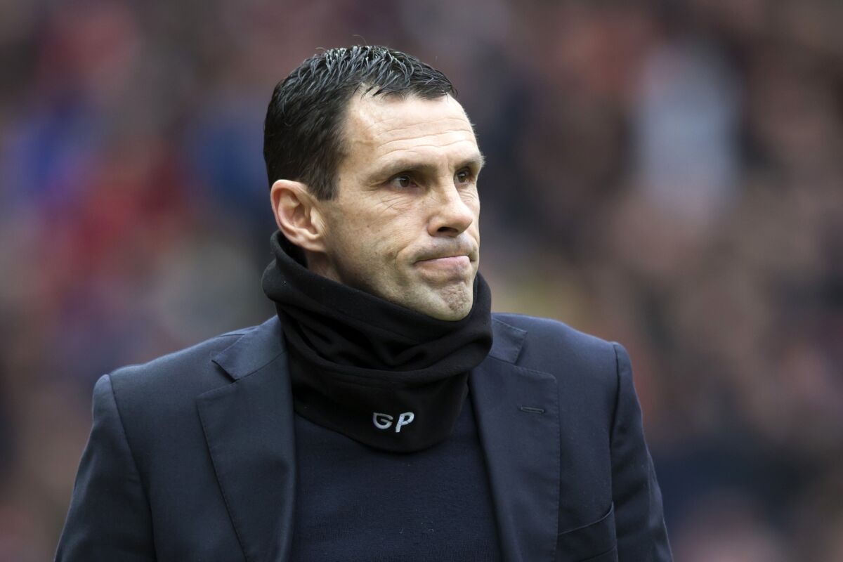 FILE - Sunderland's manager Gustavo Poyet takes to the touchline before the English Premier League soccer match between Manchester United and Sunderland, at Old Trafford Stadium, Manchester, England, Saturday, Feb. 11, 2015. Former Chelsea and Uruguay midfielder Gustavo Poyet has been named as the new Greek national team soccer coach on Friday, Feb. 11, 2022 in a change of leadership after the country failed to qualify for the World Cup in Qatar. (AP Photo/Jon Super, File)
