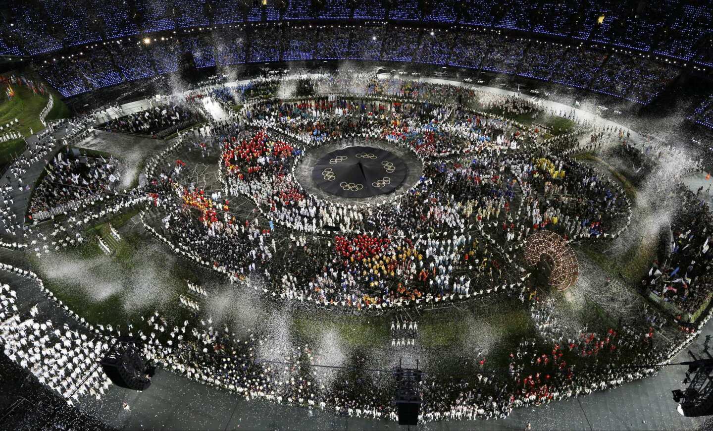 Athletes march in a parade during the Opening Ceremony at the 2012 Summer Olympics in London.