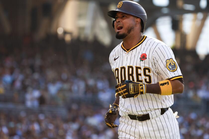 San Diego, CA - May 27: San Diego Padres first baseman Luis Arraez (4) reacts after lining out against the Miami Marlins during the seventh inning at Petco Park on Monday, May 27, 2024 in San Diego, CA. (Meg McLaughlin / The San Diego Union-Tribune)