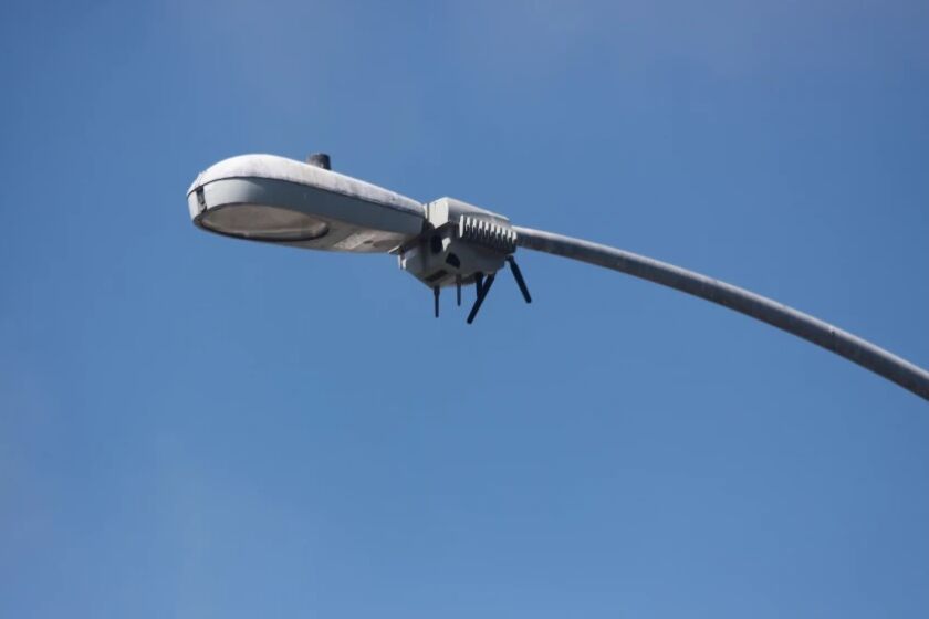 A CityIQ sensor node is attached to a streetlight in La Jolla, as pictured in 2019.