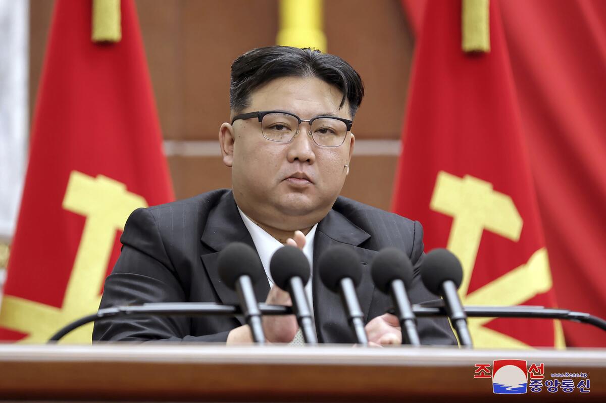 North Korean leader Kim Jong Un in front of microphones with flags in the background. 