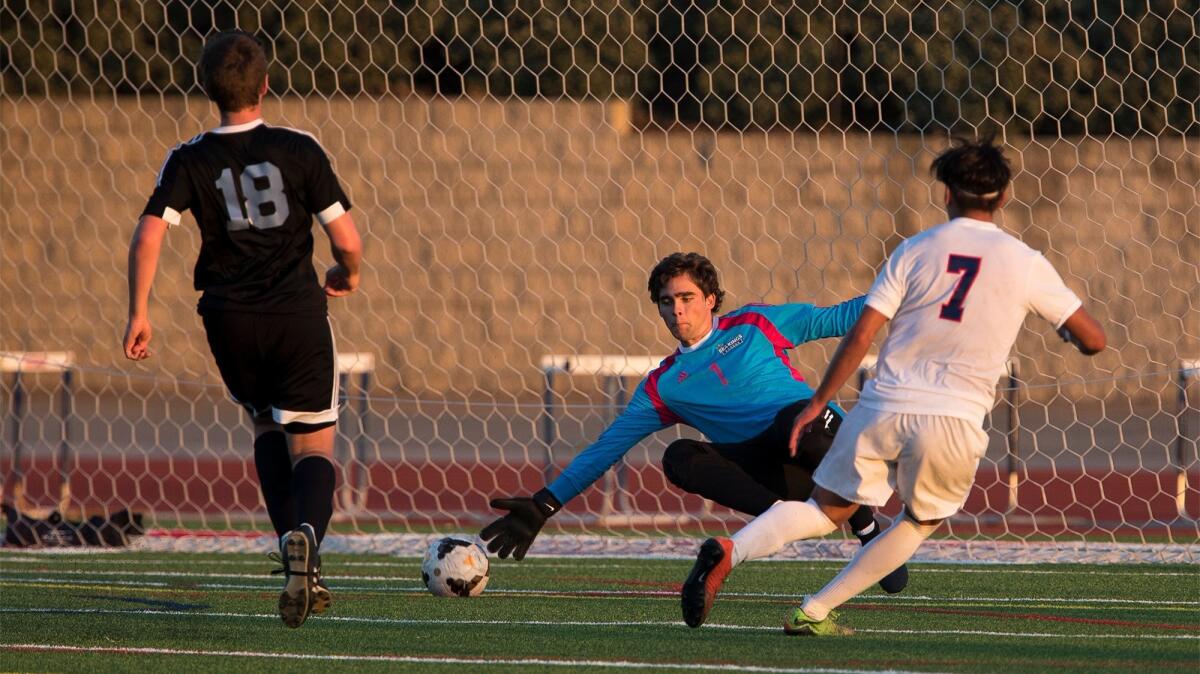 Corona del Mar goalkeeper Campbell Sheppard can't get to a ball hit by Beckman's John Cisneros (7) on Thursday. Cisneros was flagged offside on the play in the 70th minute.