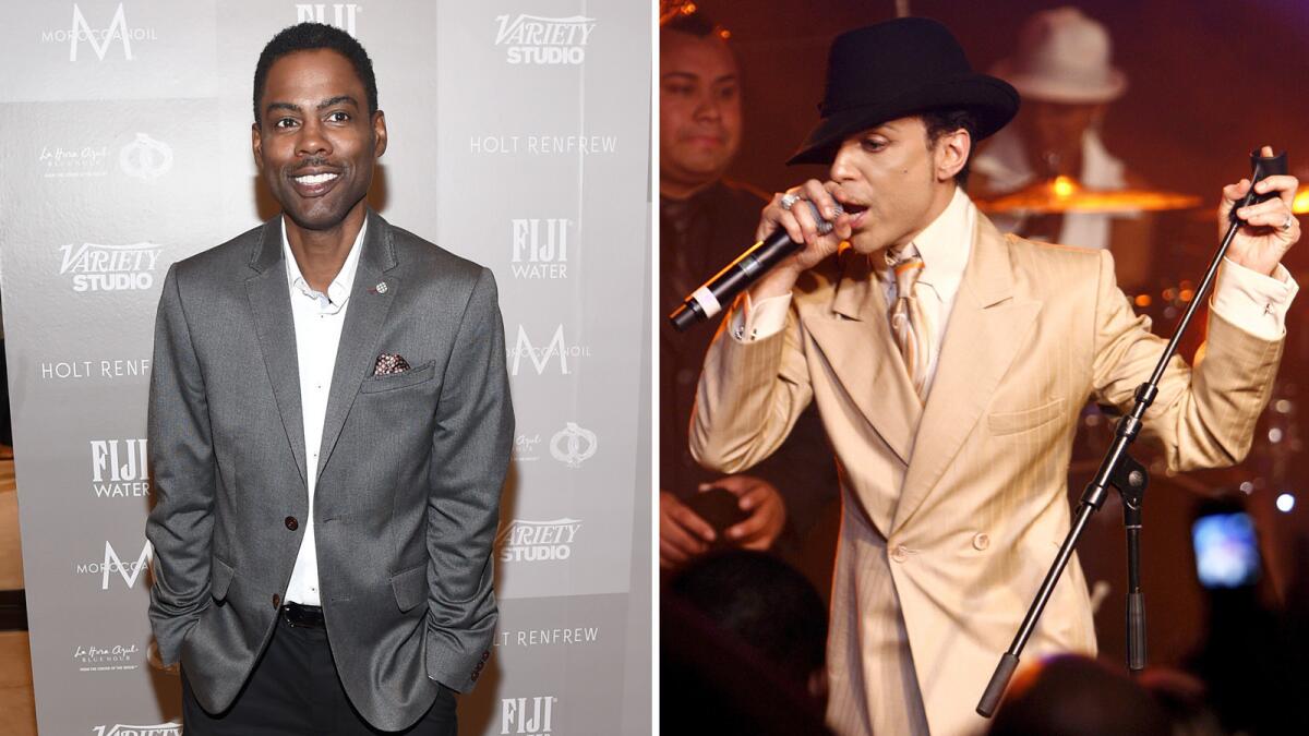 A split image of comedian Chris Rock and musician Prince.