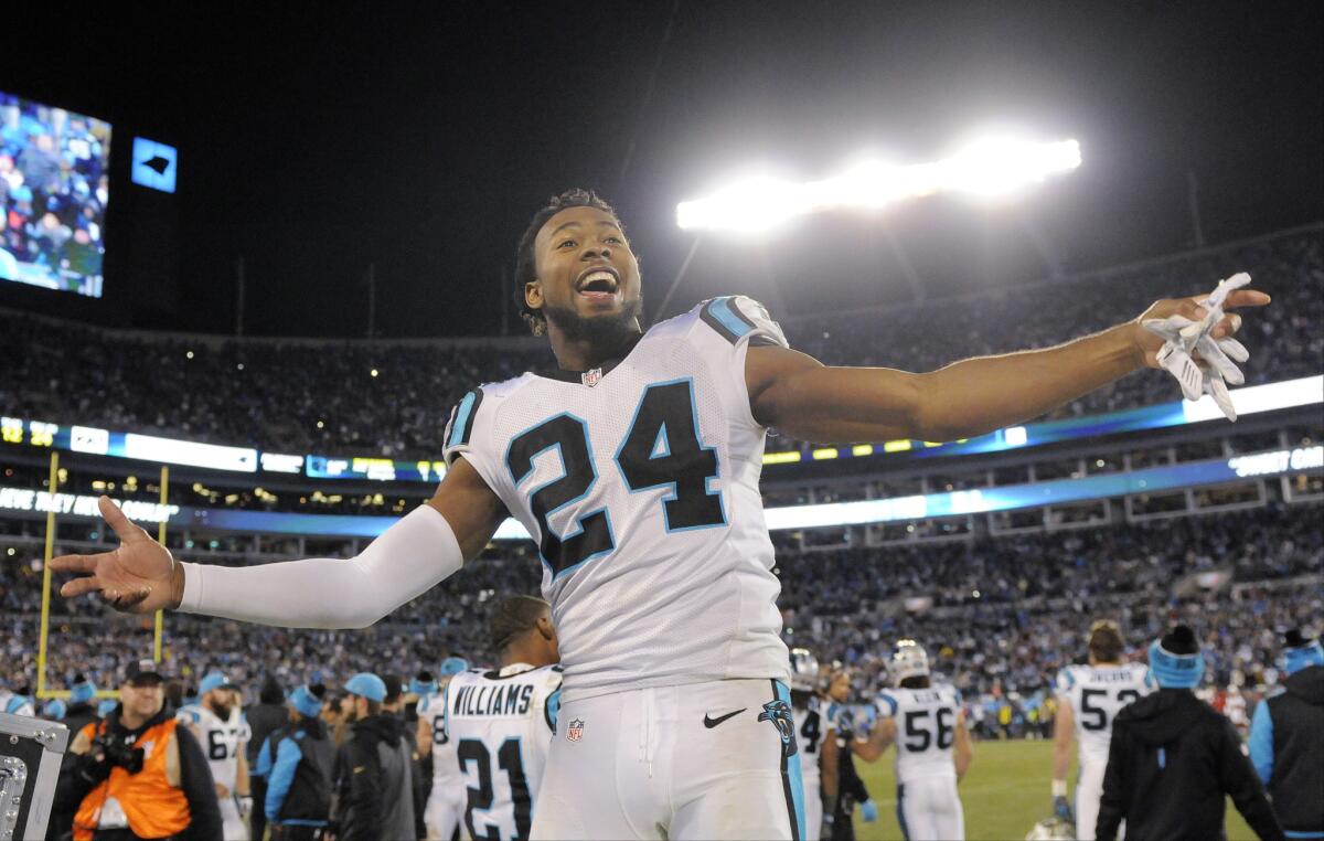 Panthers defensive back Josh Norman celebrates after the NFC championship game against the Arizona Cardinals.