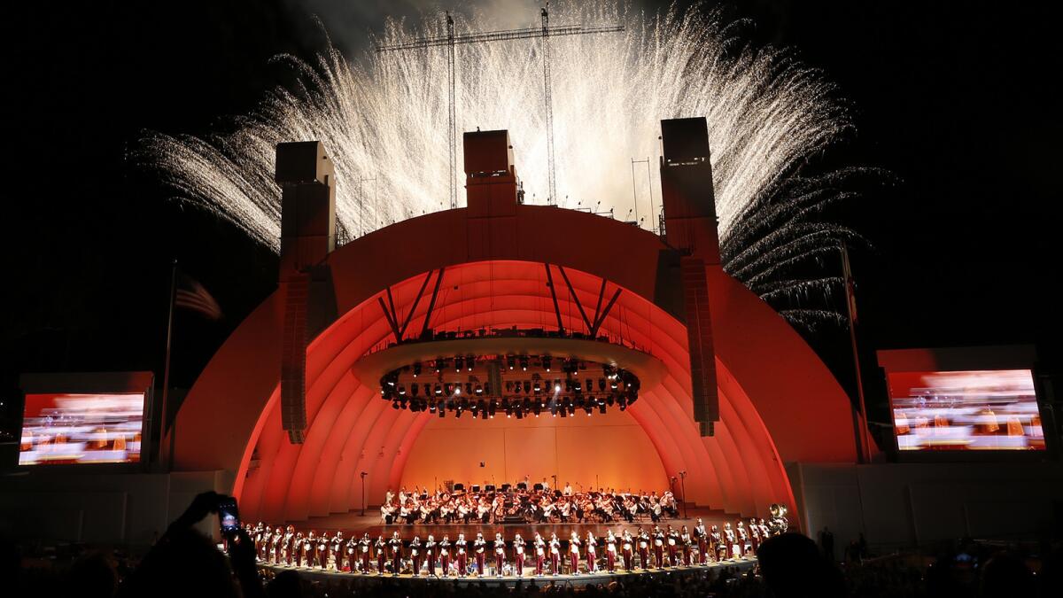 Fireworks explode over the Hollywood Bowl as part of the L.A. Phil's annual "Tchaikovsky Spectacular."