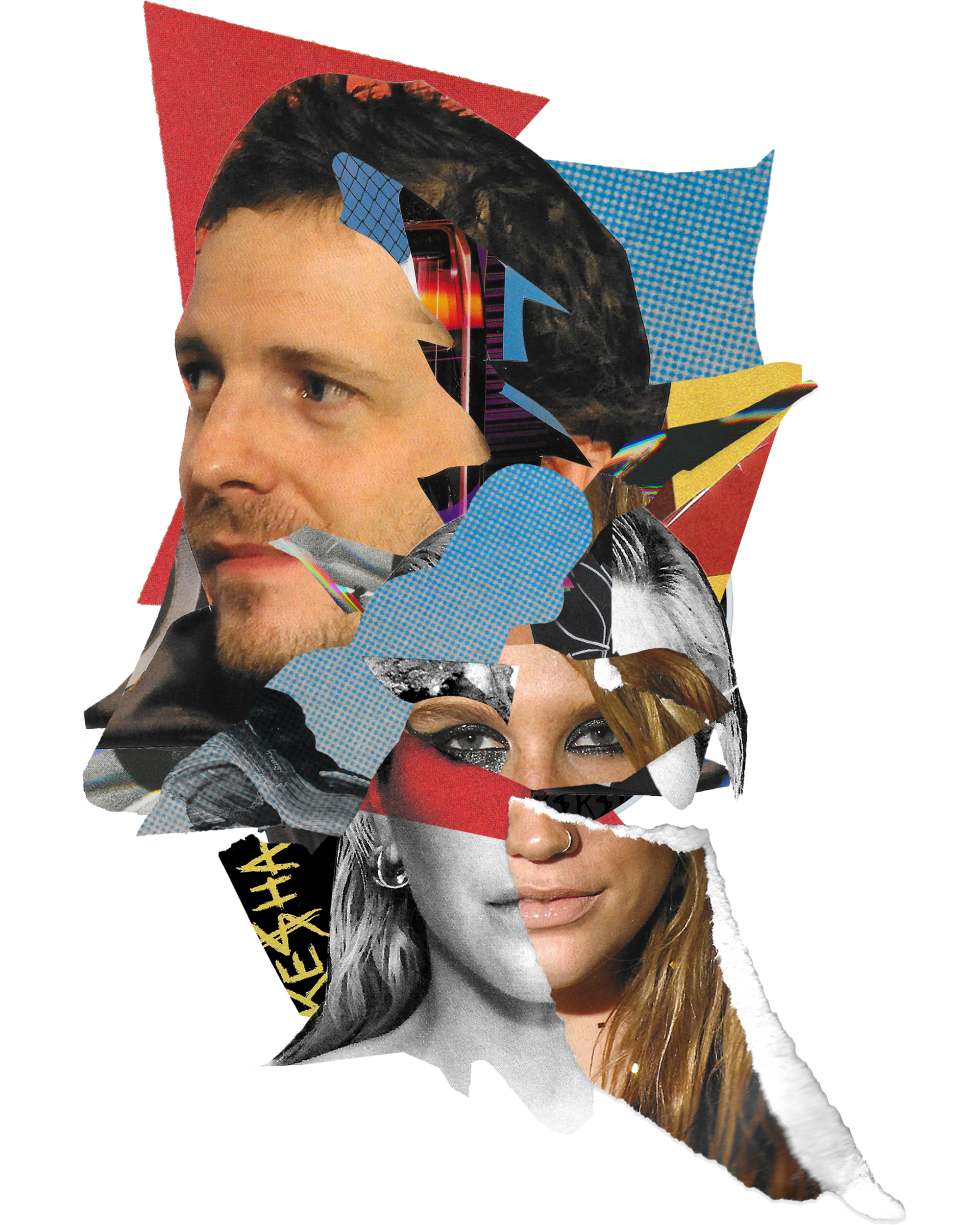Cutouts of pieces of colorful paper and photographs of Dr Luke and Kesha collaged together.