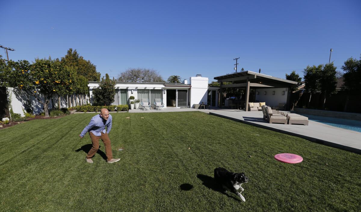 "We bought this house for Samson," Michael Landau says with a grin as he tosses a Frisbee to the Australian shepherd in his backyard. "This house has changed our lives."