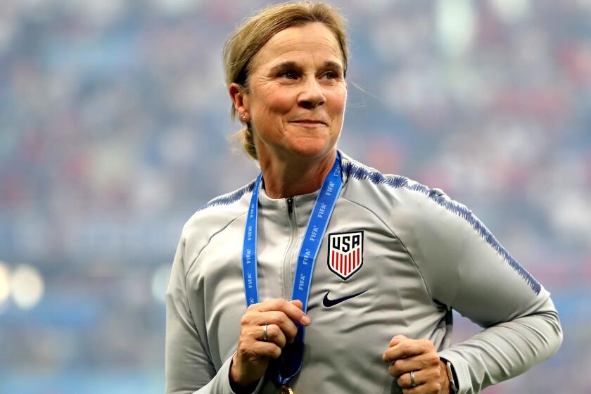 LYON, FRANCE - JULY 07: Jill Ellis, Head Coach of USA celebrates victory in the 2019 FIFA Women's World Cup France Final match between The United States of America and The Netherlands at Stade de Lyon on July 07, 2019 in Lyon, France. (Photo by Elsa/Getty Images) ** OUTS - ELSENT, FPG, CM - OUTS * NM, PH, VA if sourced by CT, LA or MoD **