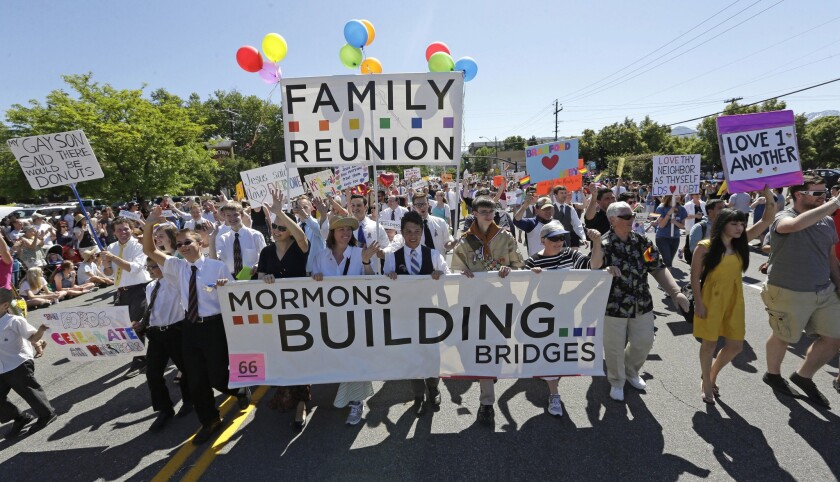 Members of Mormons Building Bridges march in a gay pride parade in Salt Lake City.