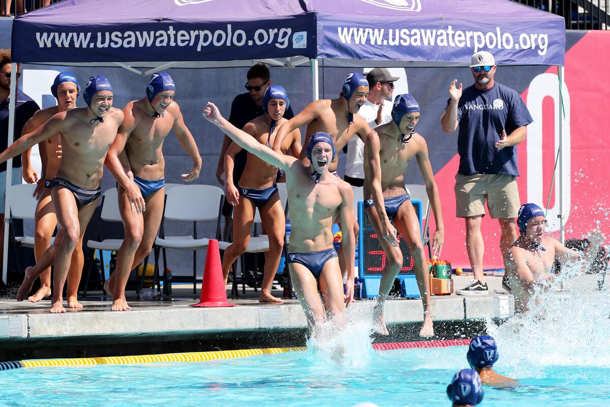 Vanguard Aquatics celebrates after beating San Diego Shores in the USA Water Polo Junior Olympics 16U title match.