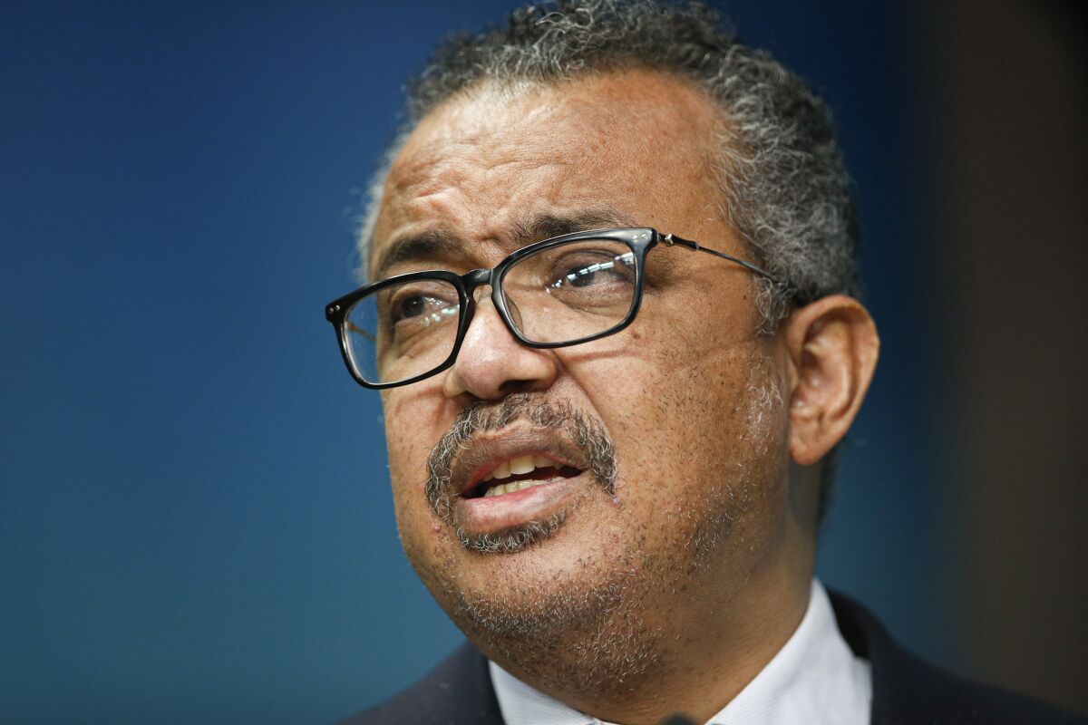 FILE - World Health Organization director-general Tedros Adhanom Ghebreyesus speaks during a media conference at an EU Africa summit in Brussels on Feb. 18, 2022. Ghebreyesus on Wednesday, April 13, 2022 slammed the global community for its focus on the war in Ukraine, arguing that crises elsewhere, including in his home country of Ethiopia, are not being given equal consideration. (Johanna Geron, Pool Photo via AP, File)