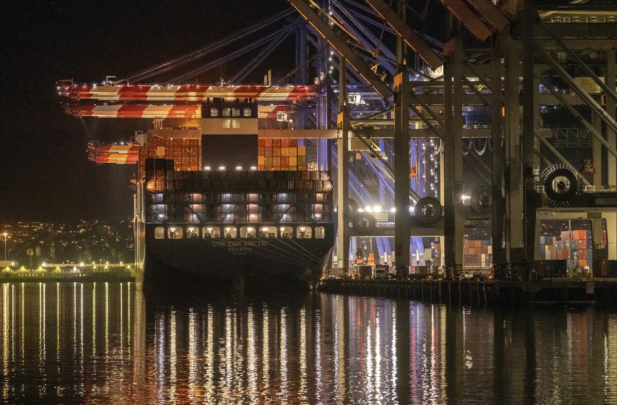 A container ship docks at the Port of Los Angeles.