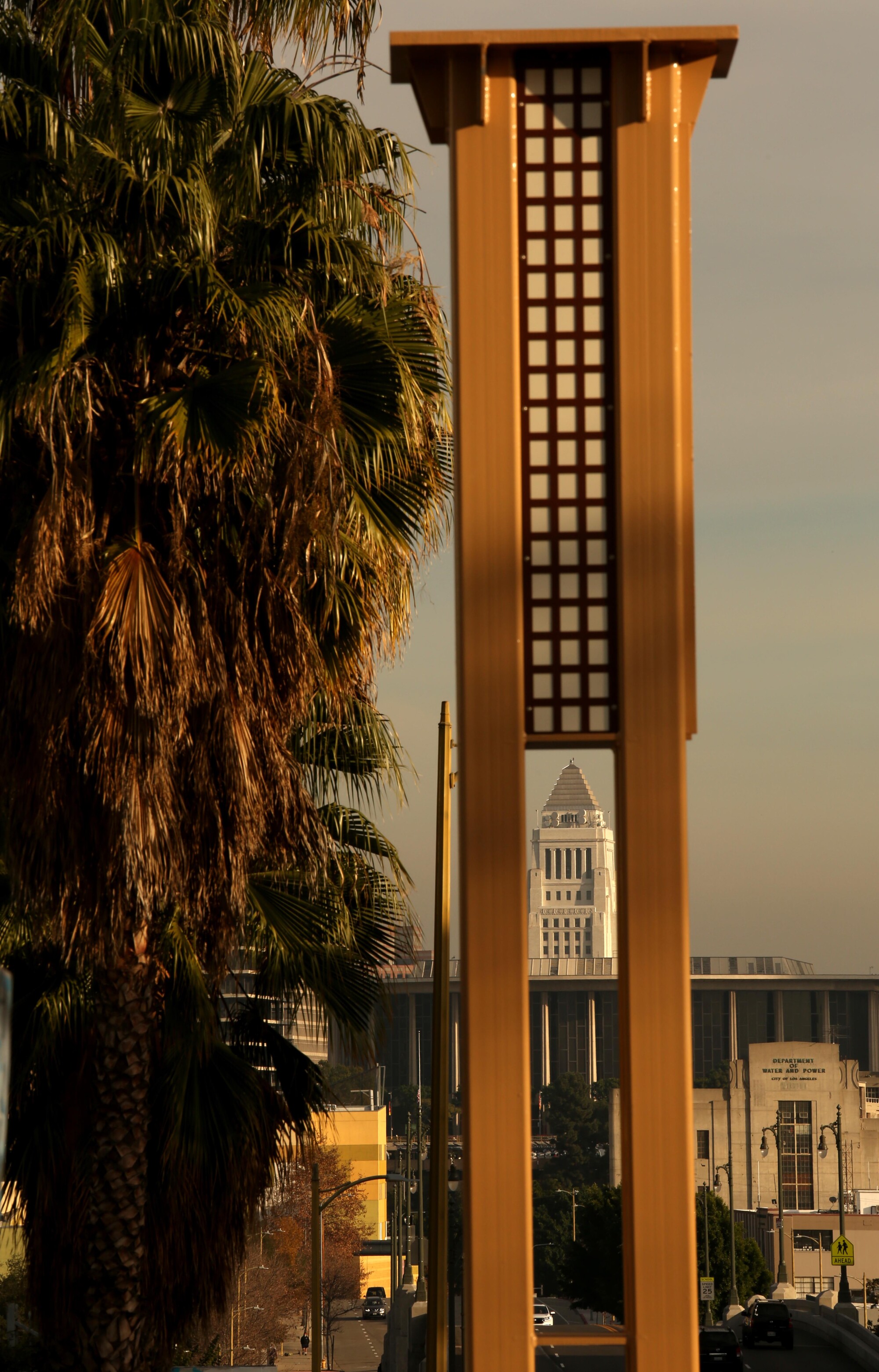 L.A. City Hall is framed by one of two towers for a gateway arch in Historic Filipinotown.