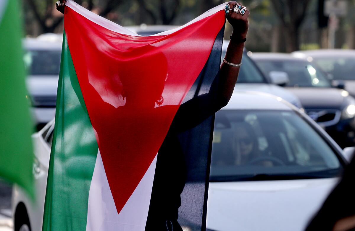 A supporter at a rally at the Federal Building in Westwood waves a Palestinian flag.