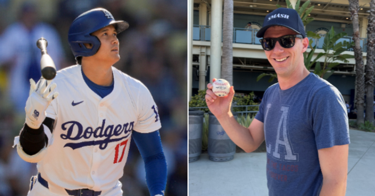'Right place, right time': Dodgers fan snags Shohei Ohtani home run ball in Centerfield Plaza