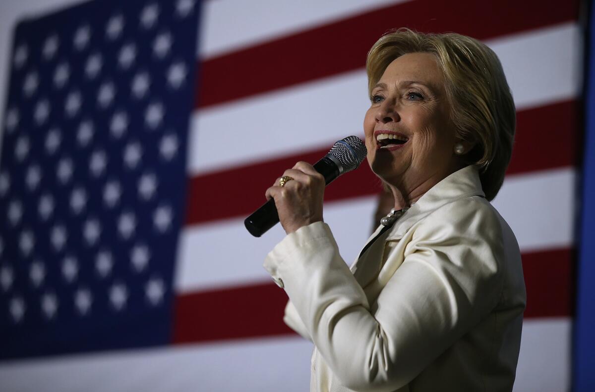 Hillary Clinton speaks at a debate watch party at Steiner Studios in New York City on April 14.