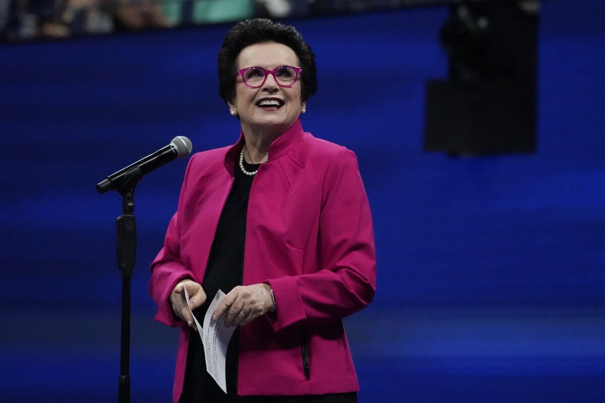 FILE - Former tennis star Billie Jean King speaks during the opening ceremony of the U.S. Open tennis championships on Monday, Aug. 30, 2021, in New York. Billie Jean King will receive the Muhammad Ali Legacy Award at the Sports Illustrated Awards. The winner of 39 Grand Slam titles will be honored Tuesday, Dec. 7 at the Seminole Hard Rock Hotel & Casino in Hollywood, Florida. (AP Photo/Elise Amendola, File)
