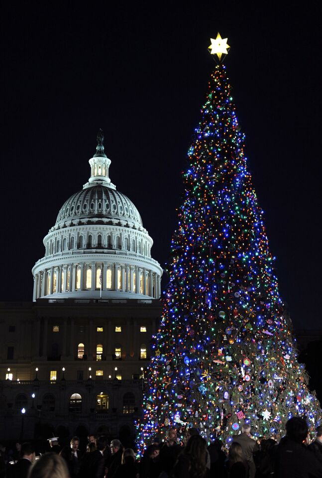 At the 88-foot spuce outside the U.S. Capitol, decorated with about 5,000 ornaments. This year's tree theme: "Sharing Washington's Good Nature."