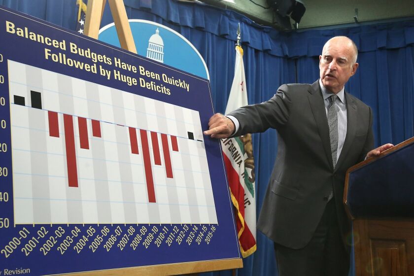 California Gov. Jerry Brown points to a chart showing how balanced budgets are quickly followed by large budget deficits as he discusses his revised state budget plan during a news conference at the Capitol in Sacramento, Calif., Thursday May 14, 2015. Brown's $115.3 billion spending plan would send billions more to public schools and freeze in-state undergraduate tuition and establish a new state tax credit of the working poor. (AP Photo/Rich Pedroncelli)