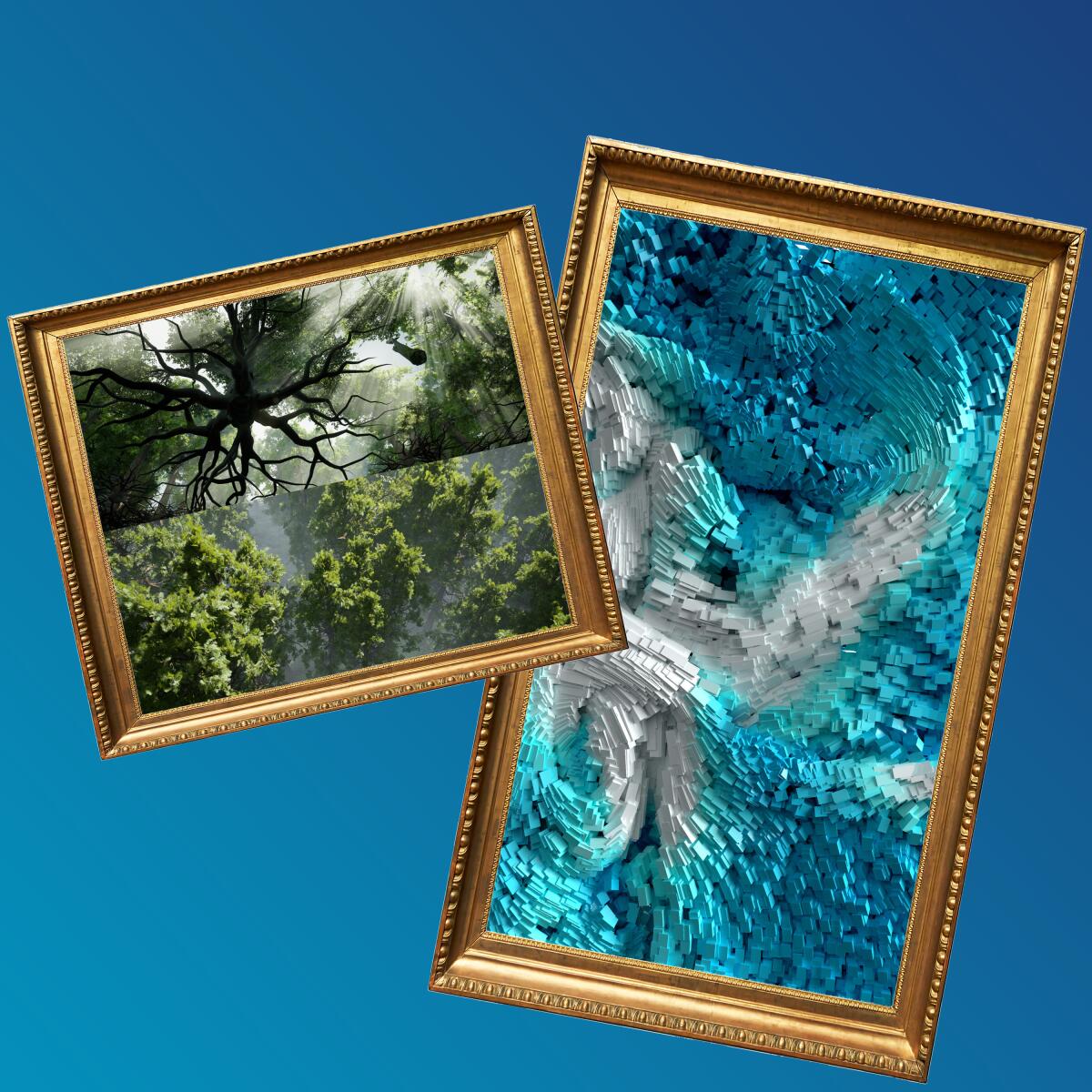 Artwork showing trees on the left and abstract wind projections in blue on the right.