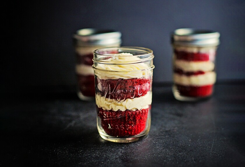 Red velvet cupcakes make pretty gifts in jars.