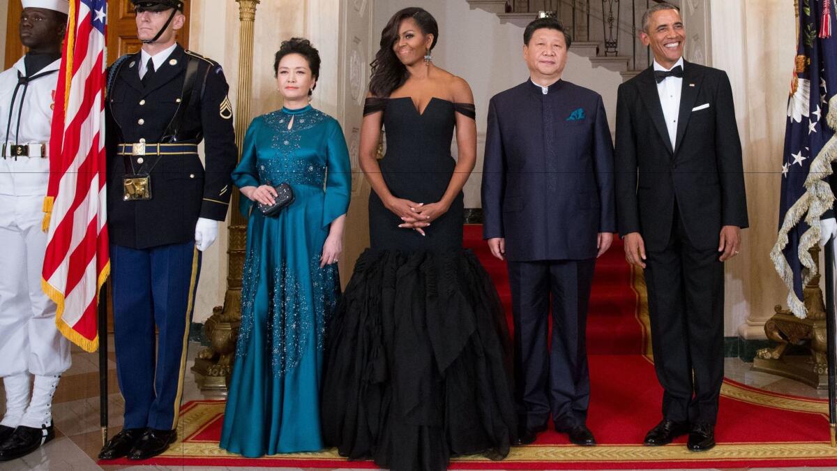 For a Sept. 25, 2015, state dinner honoring China, First Lady Michelle Obama chose a Vera Wang Collection gown.