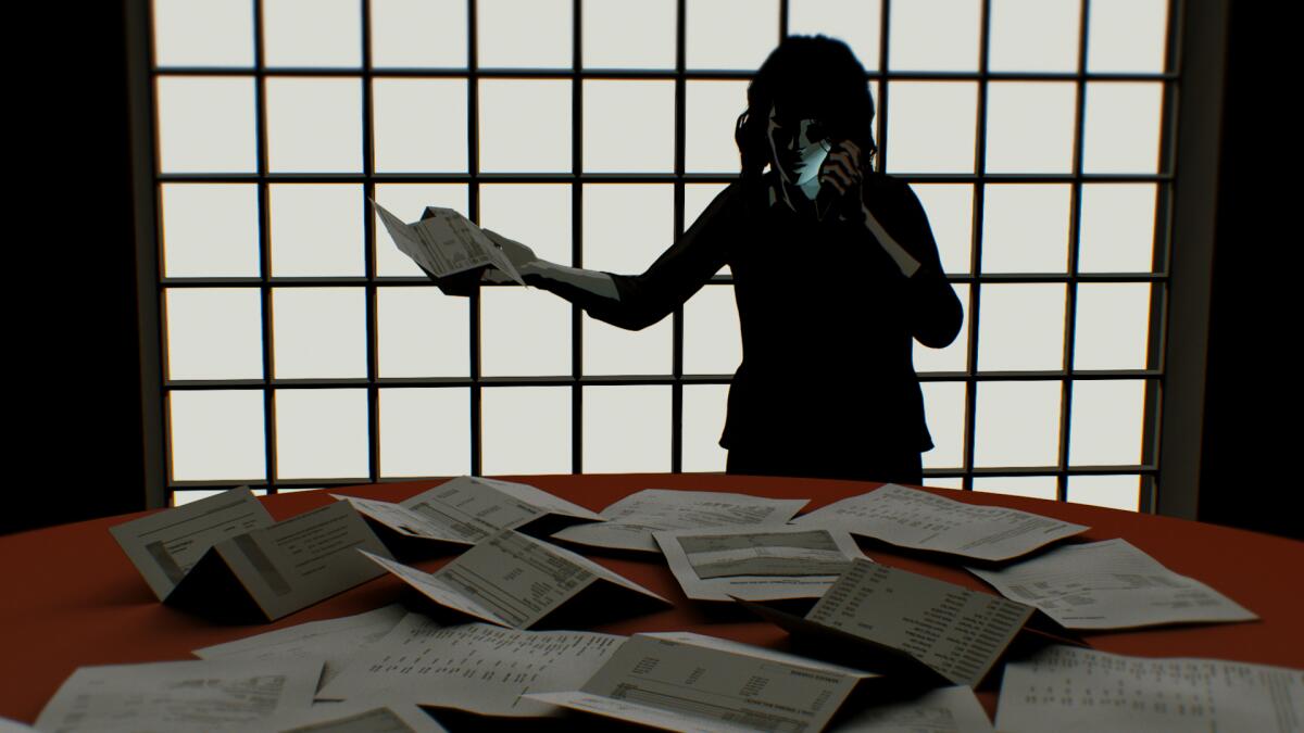 Illustration shows a silhouette of a woman on the phone surrounded by paperwork.