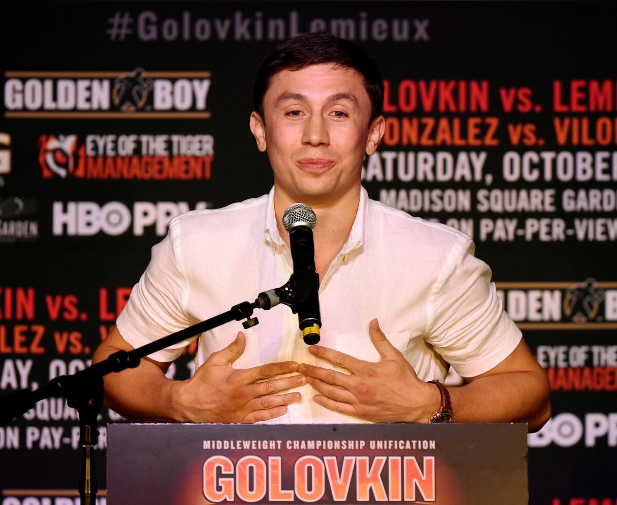 Gennady Golovkin speaks at a news conference in August.