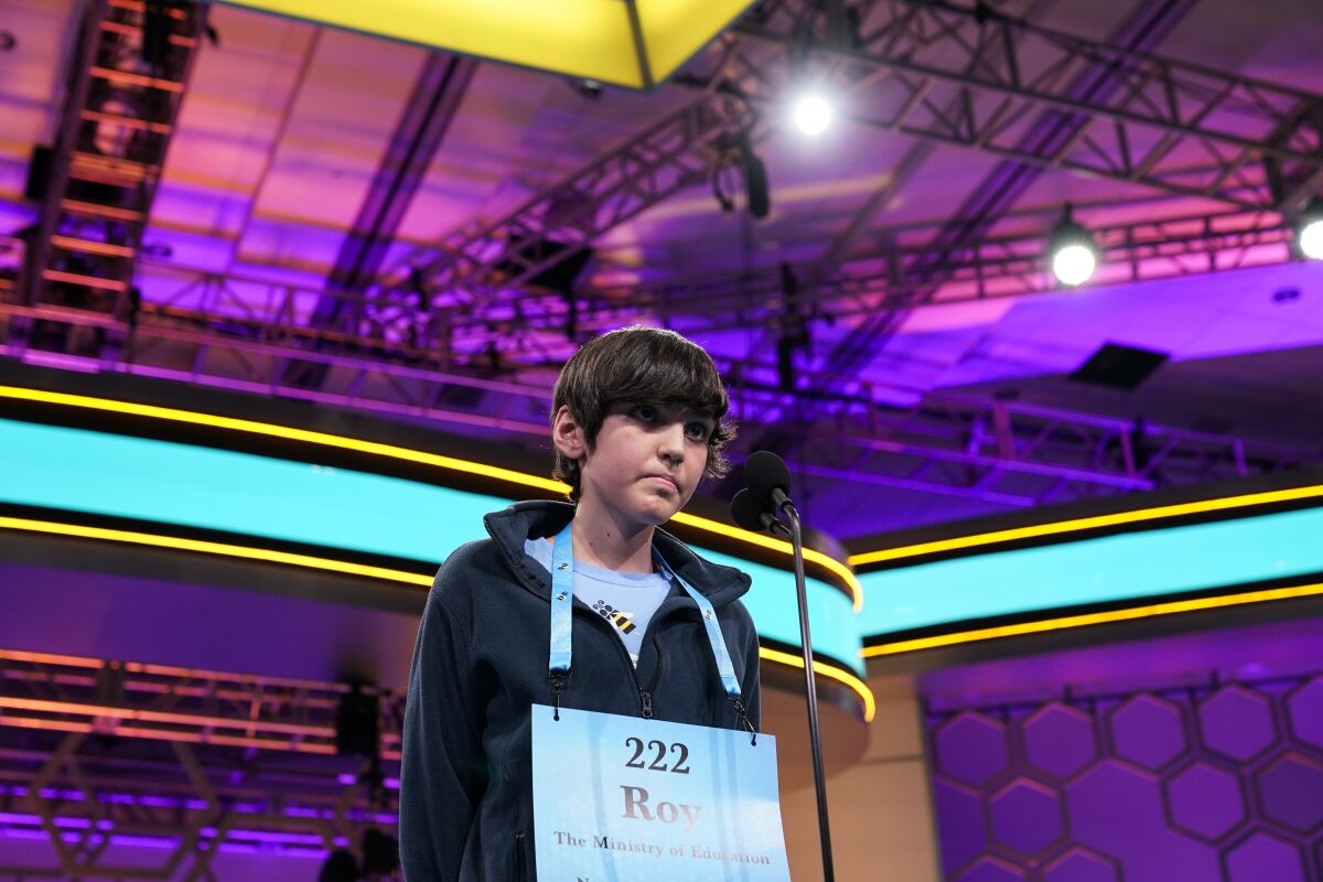 Roy Seligman, 13, from New Providence, Nassau, competes during the Scripps National Spelling Bee, Wednesday, June 1, 2022, in Oxon Hill, Md. (AP Photo/Alex Brandon)