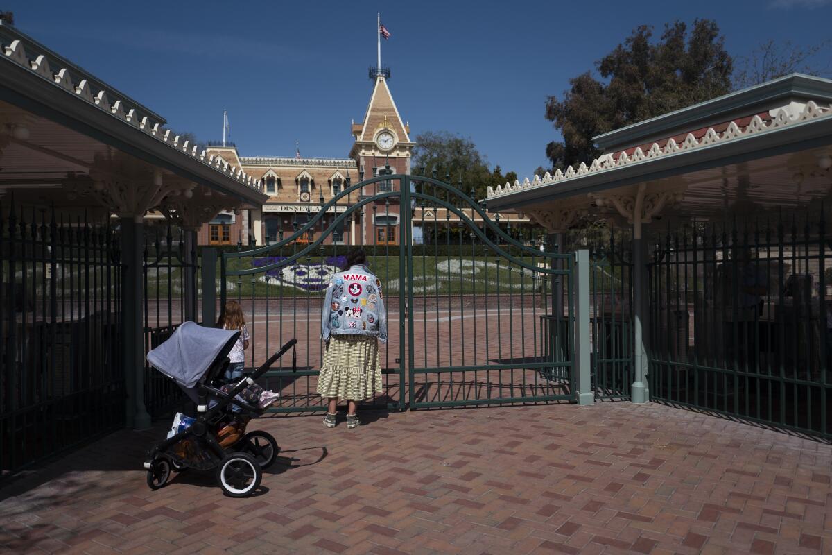 A person with a stroller stands outside Disneyland's gates