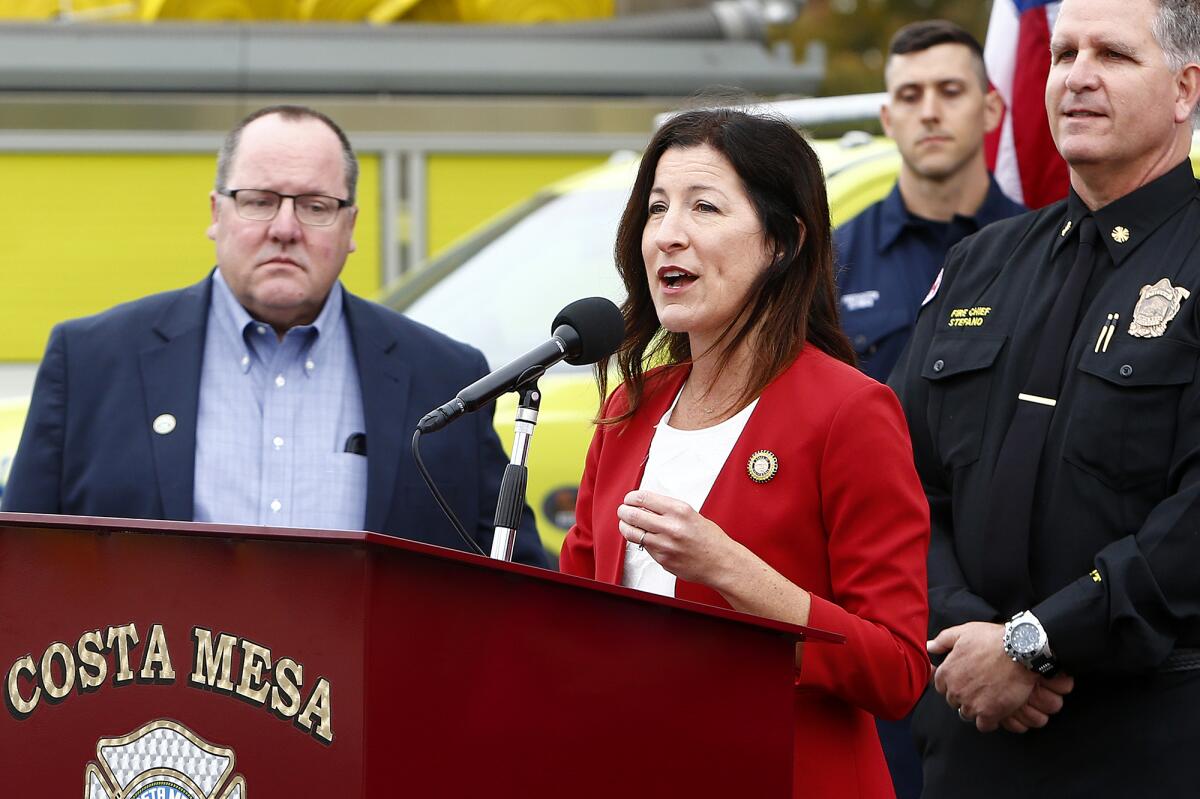 Assemblywoman Cottie Petrie Norris (D-Irvine) speaks Friday in a ceremony at Costa Mesa Fire Station No. 4, June 3, 2022