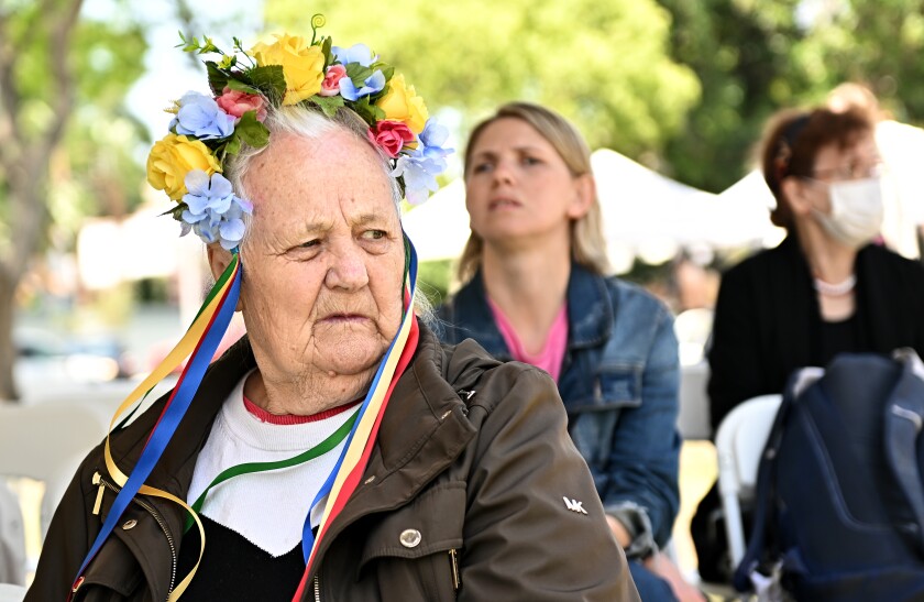 People enjoy the day at a fundraiser for Ukrainian refugees in West Hollywood Sunday