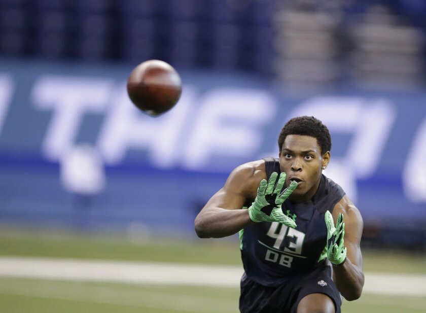 Florida State defensive back Jalen Ramsey runs a drill at the NFL football scouting combine on Thursday, March 3, 2016, in Indianapolis.