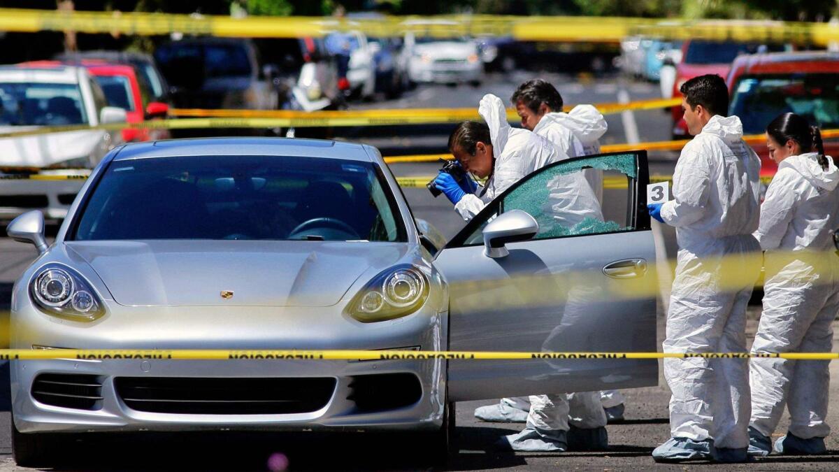 Forensic personnel inspect the scene in which a man was shot dead inside his car in Americana neighborhood, in the tourist area of Guadalajara, Mexico, on March 14.
