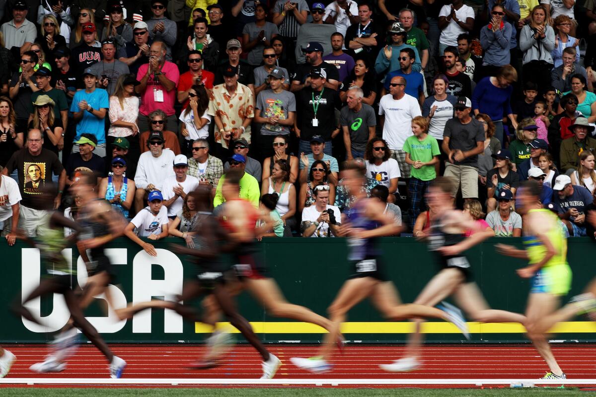 Fans watch the men's 5,000-meter final during the 2016 U.S. Olympic trials at Hayward Field in Eugene, Ore. The site will host the world championships in 2022.