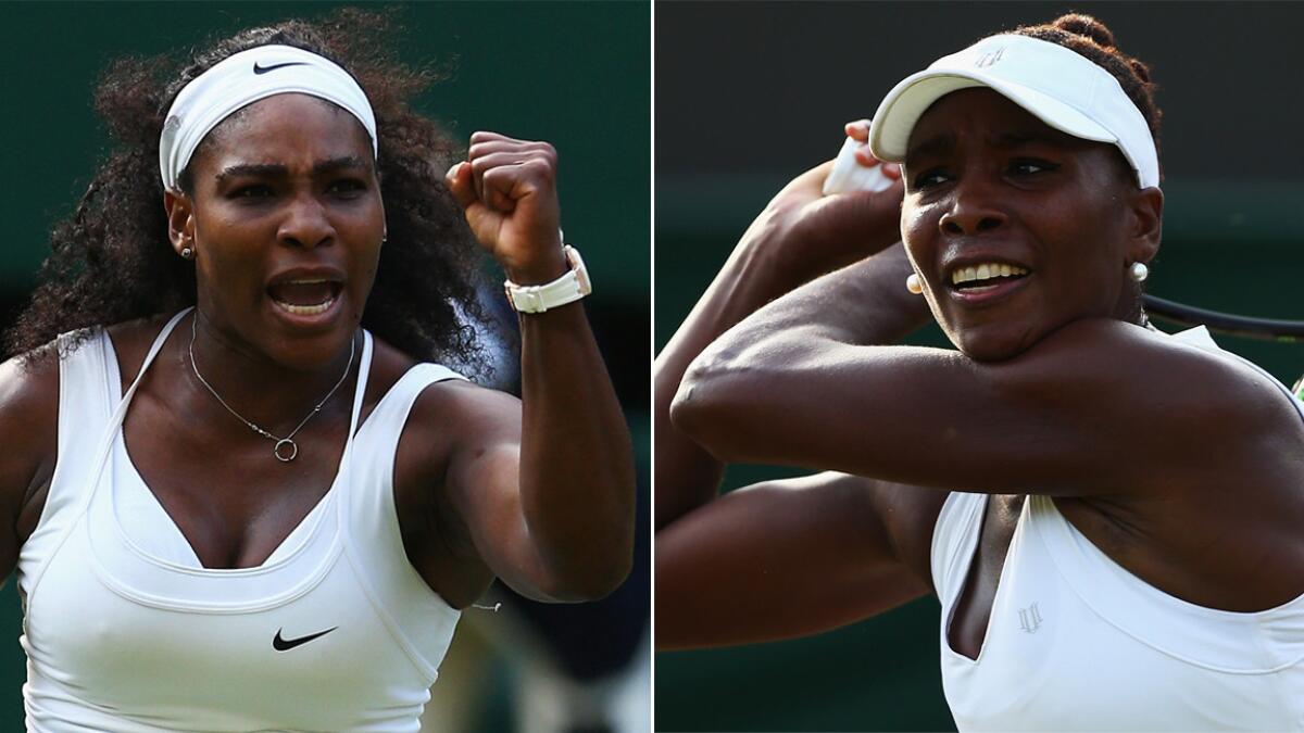 Serena Williams, left, will play older sister Venus Williams in a fourth-round match at Wimbledon on Monday.