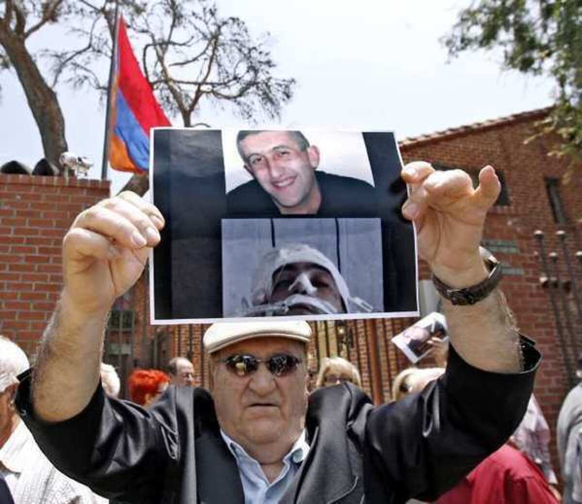 Locals protest outside the Armenian consulate in Glendale on Thursday.