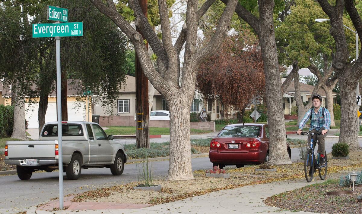 The city is planning to line bike lanes on Edison Boulevard after residents complained that the streetâ¿¿s angle caused a visibility problem that posed a threat to pedestrians, cyclists and other motorists at the intersection with Evergreen Street. One resident in the area was nearly killed last year while crossing the street at the intersection. Photographed on Thursday, March 2, 2016.