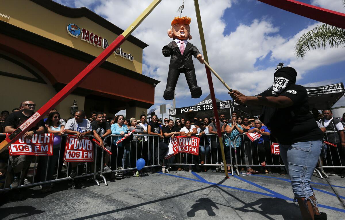 In September, protesters at a "Take it out on Trump" event smacked around a pinata in The Donald's likeness.