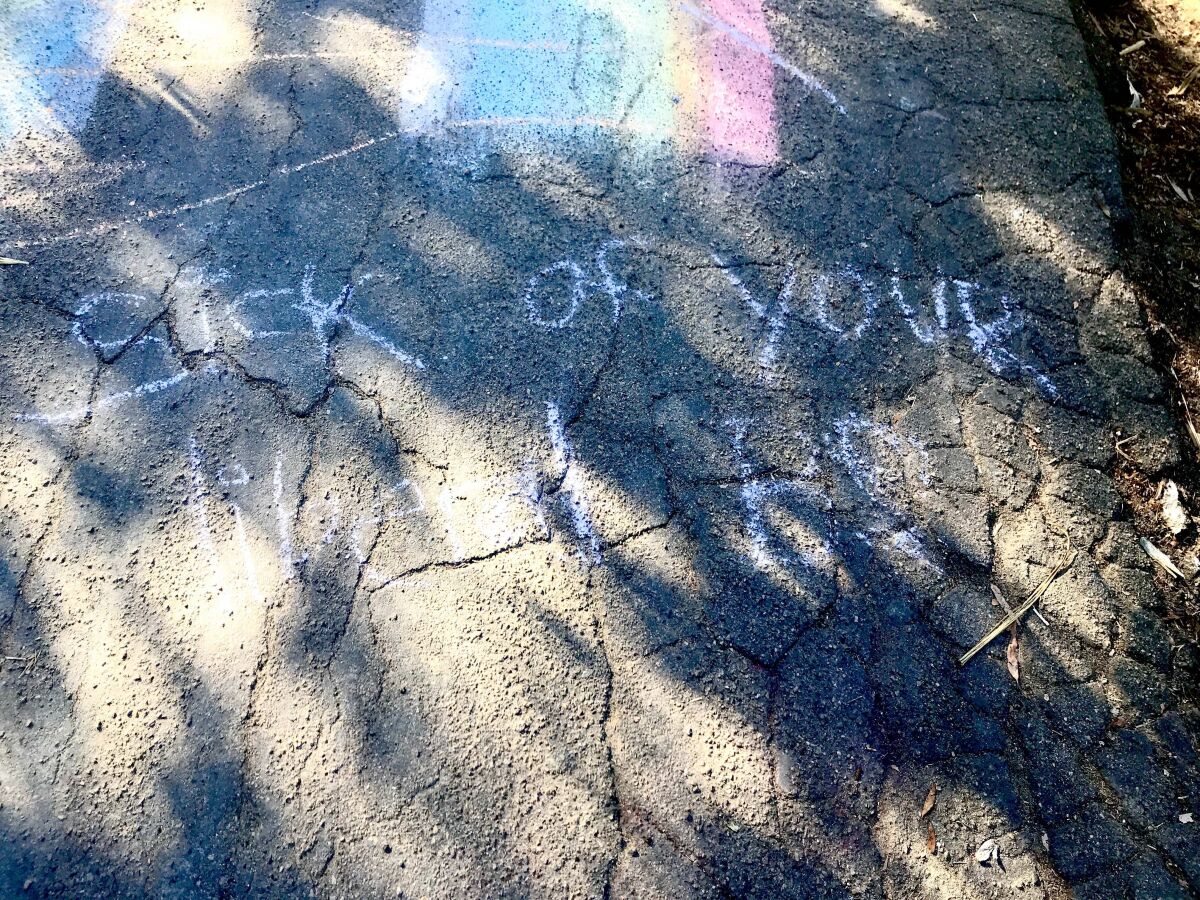 Someone left messages such as "Trump," "Devil" and "Sick of your liberal BS" on the La Jolla Bike Path.