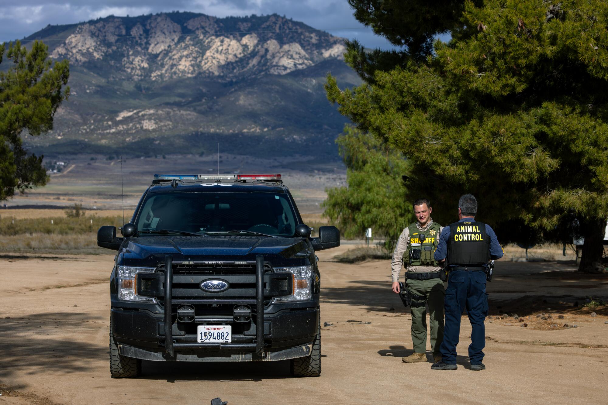 An animal control officer and a sheriff's deputy stand beside a cruiser as a mountain rises in the background.