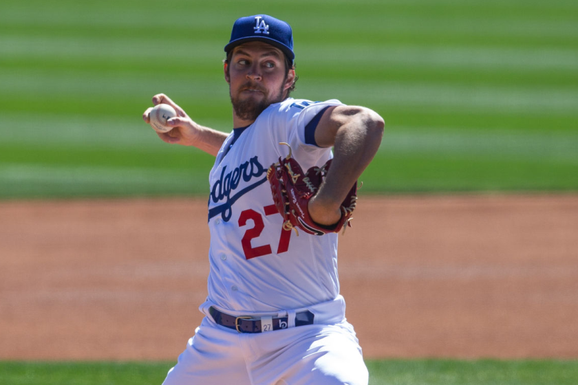 GLENDALE, AZ - MARCH 01: Trevor Bauer #27 of the Los Angeles Dodgers pitches during a spring training game.